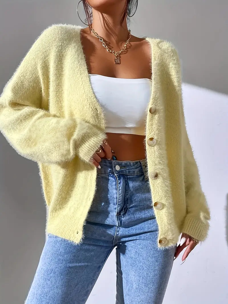 yellow fluffy cardigan Fee